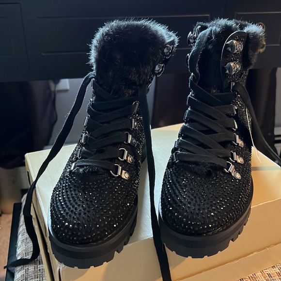 Express Black Sequin Combat Boots - Picture 4 of 9